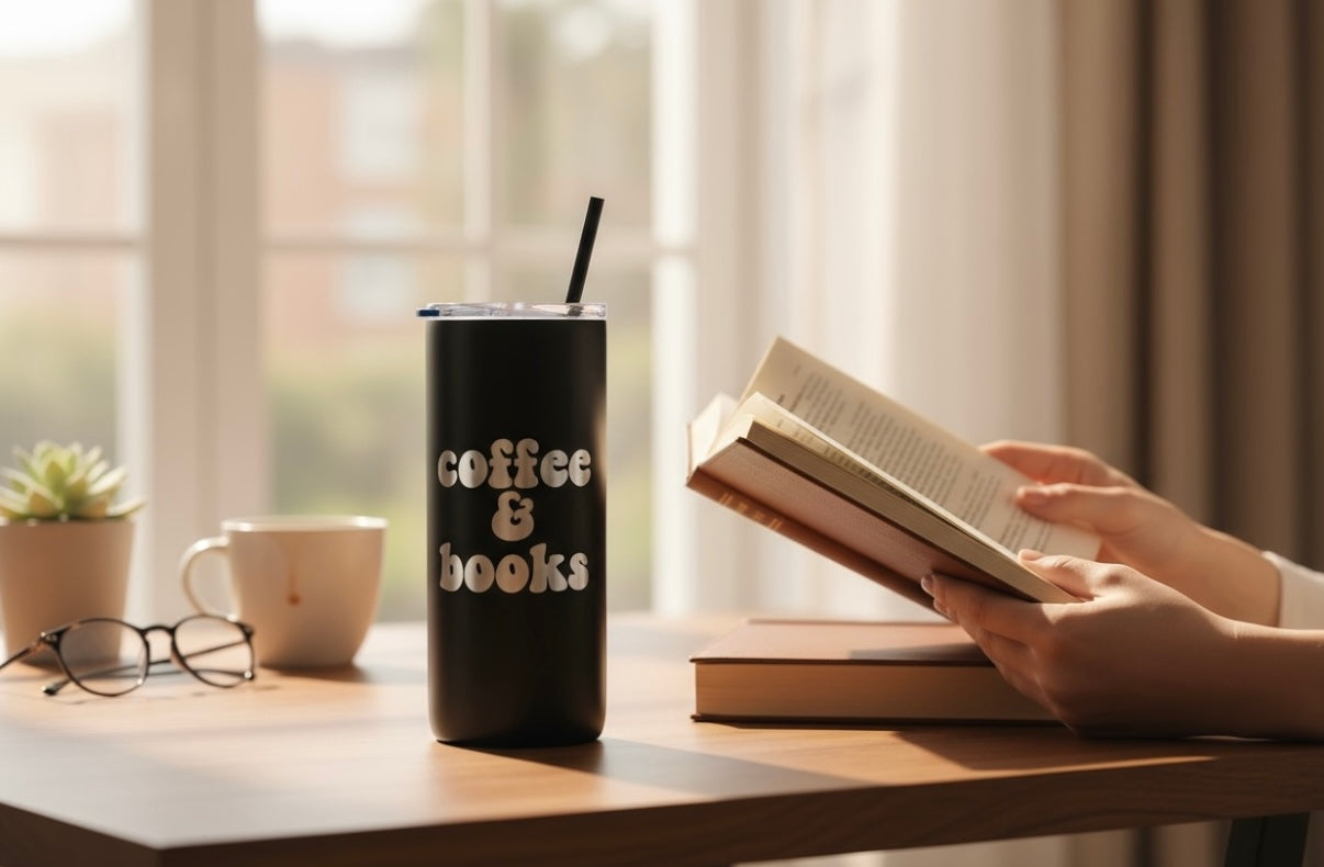 Coffee and Books - Book Inspired - Engraved Tumbler - 16oz