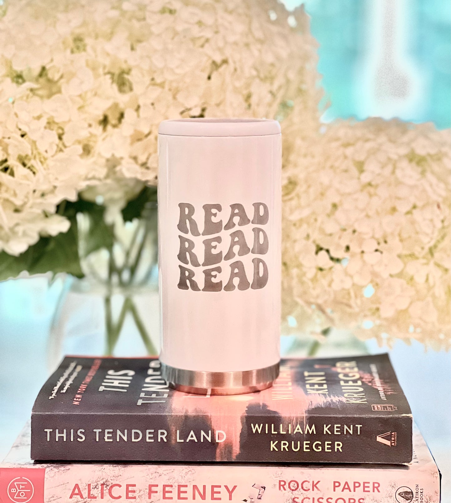 “Read Read Read” Engraved Slim Can Cooler