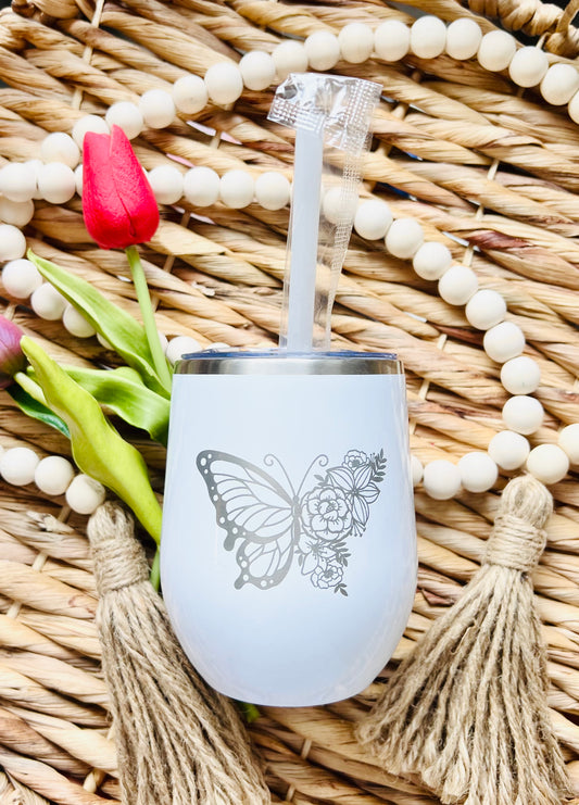 Engraved Wine Tumbler - Butterfly - Spring/Summer - 12oz