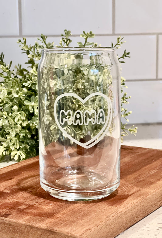 Candy Heart “Mama” Beer Can Glass - Iced Coffee Glass - 16oz