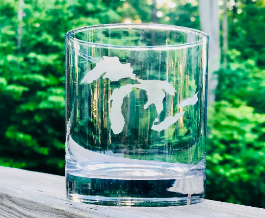 Etched Great Lakes Rocks Glass- Whiskey/Bourbon Glass