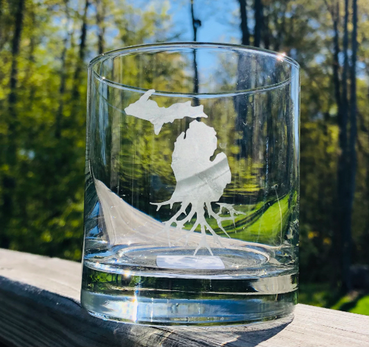 Etched Michigan Roots Rocks Glass- Whiskey/Bourbon Glass